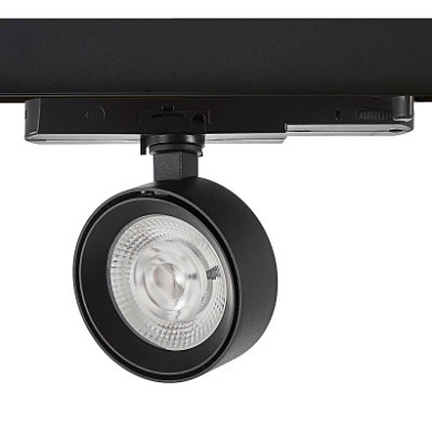 регулируемый трековый прожектор с поворотной оптикой и чёрным корпусом для трёхфазного шинопровода