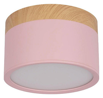 потолочный светильник с деревянным основанием и розовым плафоном