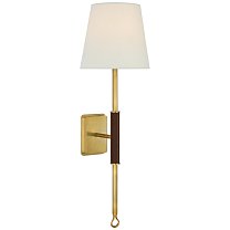Griffin Tail Sconce полированная старая латунь и седельная кожа с льняным абажуром