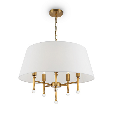 подвесной светильник с одним крупным текстильным абажуром и латунным каркасом