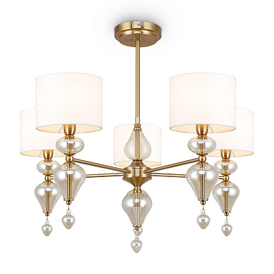 потолочный светильник с четырьмя абажурами из ткани и латунной арматурой с хрустальными вставками