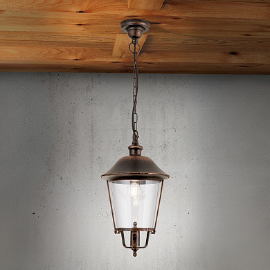 уличный подвесной фонарь с прозрачной колбой и медной арматурой