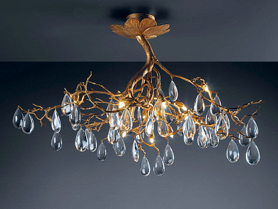 подвесная люстра с ветвистым бронзовым каркасом и хрустальными подвесками