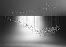 линейная подвесная световая инсталляция с множеством миниатюрных подвесов