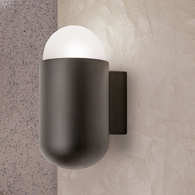 уличный настенный светильник с овальным корпусом и полусферическим опаловым плафоном