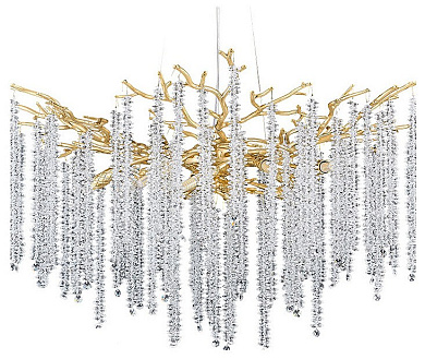 подвесная люстра с золотым каркасом и каскадными хрустальными подвесками