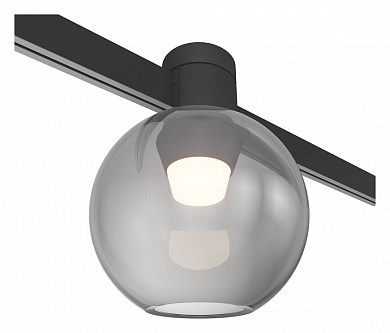 потолочный накладной светильник с шарообразным стеклянным плафоном и чёрным основанием для магнитного трека 48V