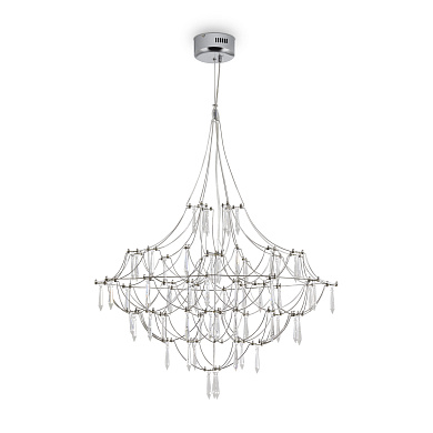 подвесная люстра с цепями и кристаллами на каркасе из хромированного металла