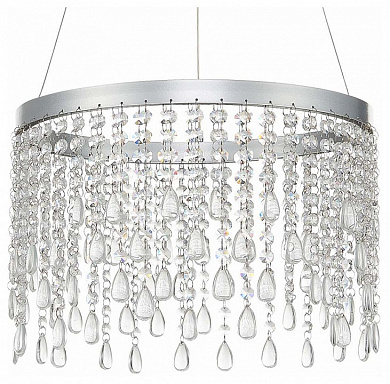 подвесной светильник с каскадом подвесных хрустальных нитей в серебристом обрамлении