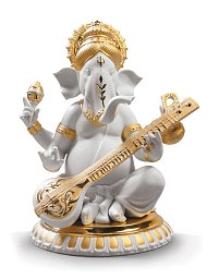 Фарфоровая статуэтка Ганеши с виной Veena Ganesha Lladro, золотой люстр 01009276