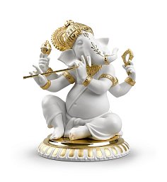 Фарфоровая статуэтка Ганеши с флейтой Bansuri Ganesha Lladro, золотой люстр 01009277