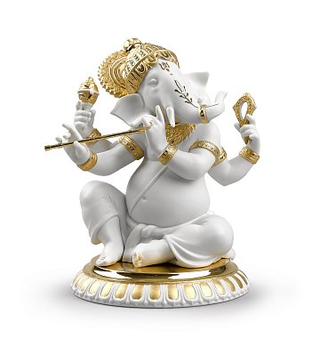 Фарфоровая статуэтка Ганеши с флейтой Bansuri Ganesha Lladro, золотой люстр 01009277