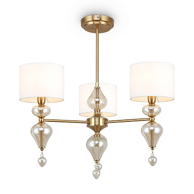 потолочный светильник с тремя тканевыми абажурами и латунными декоративными подвесками