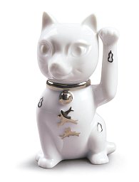 Фарфоровая статуэтка кошки манэки-нэко Maneki Neko Lladro, серебряный люстр 01009283