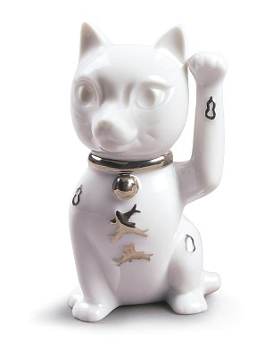 Фарфоровая статуэтка кошки манэки-нэко Maneki Neko Lladro, серебряный люстр 01009283