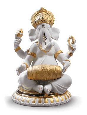 Фарфоровая статуэтка Ганеши с барабаном мридангам Mridangam Ganesha Lladro, золотой люстр 01009278