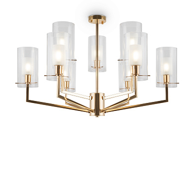 подвесной светильник с девятью плафонами из прозрачного стекла на золотистой раме