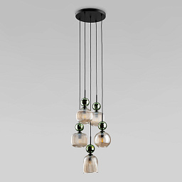 a071835 TK Lighting Sophia Green Cognac подвесная люстра с несколькими стеклянными плафонами и зелёными стеклянными шарами