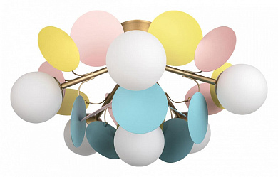 потолочная люстра с разноцветными плафонами на золотом основании