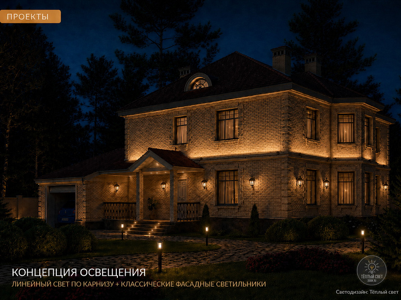 Концепция фасадного освещения частного дома