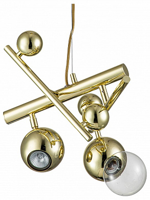 двухламповый подвесной светильник с шаровыми плафонами на золотистой раме